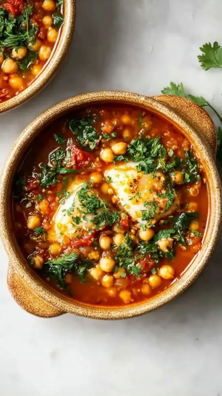 A steaming bowl of Cod and Chickpea Stew with fresh spinach and parsley in a tomato broth.