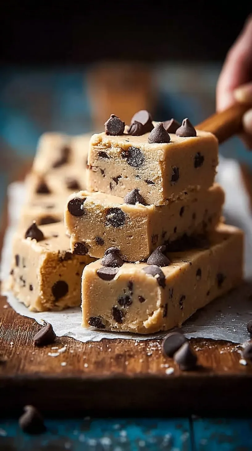 Close up of sliced cookie dough protein bars with mini chocolate chips on parchment paper.
