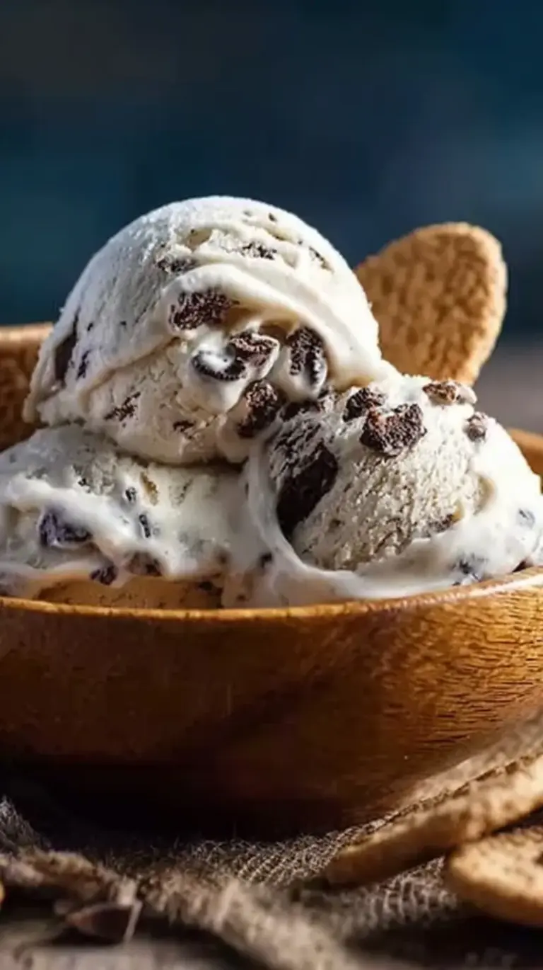A creamy scoop of cookies and cream protein ice cream in a white bowl with cookie crumbles.