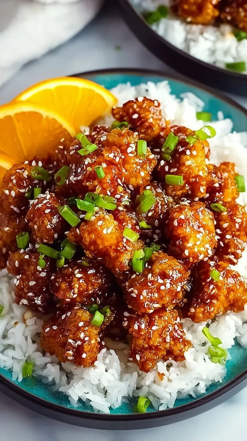 Crispy golden chicken pieces coated in a glossy orange sauce on a white plate