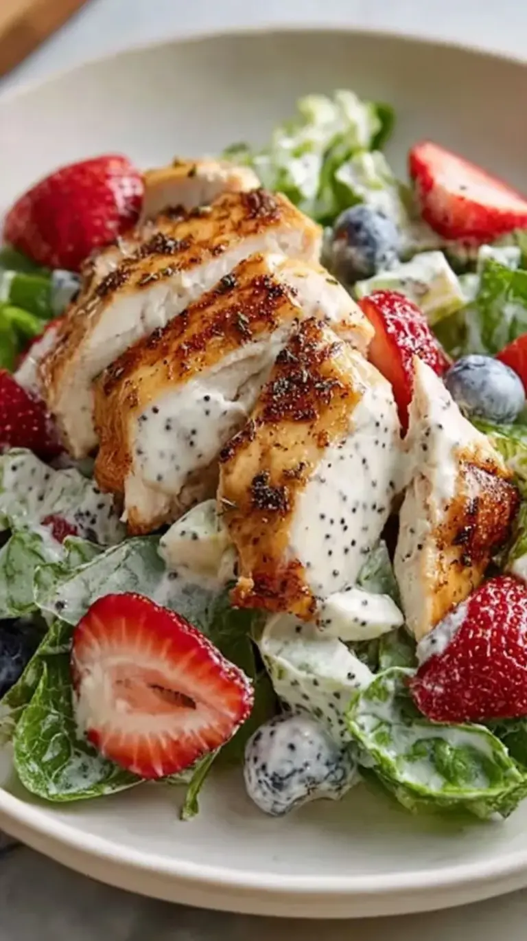A colorful bowl of strawberry poppyseed chicken salad with fresh fruit and pecans.