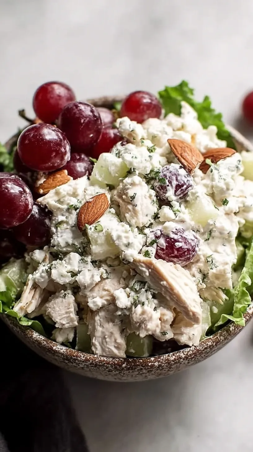A creamy chicken salad sandwich on whole grain bread with grapes and almonds