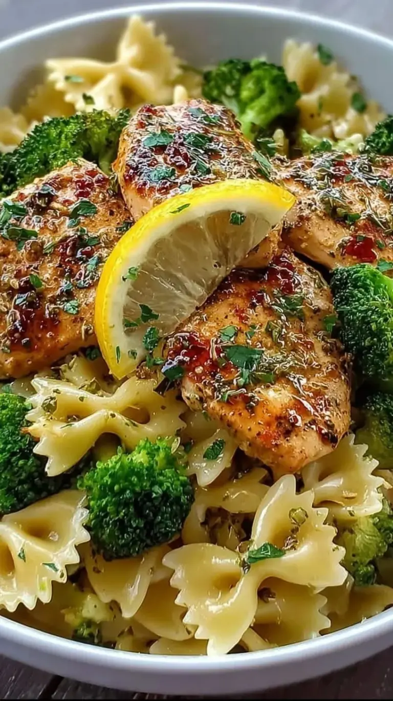A bowl of bowtie pasta with seared chicken and broccoli in a golden garlic butter sauce