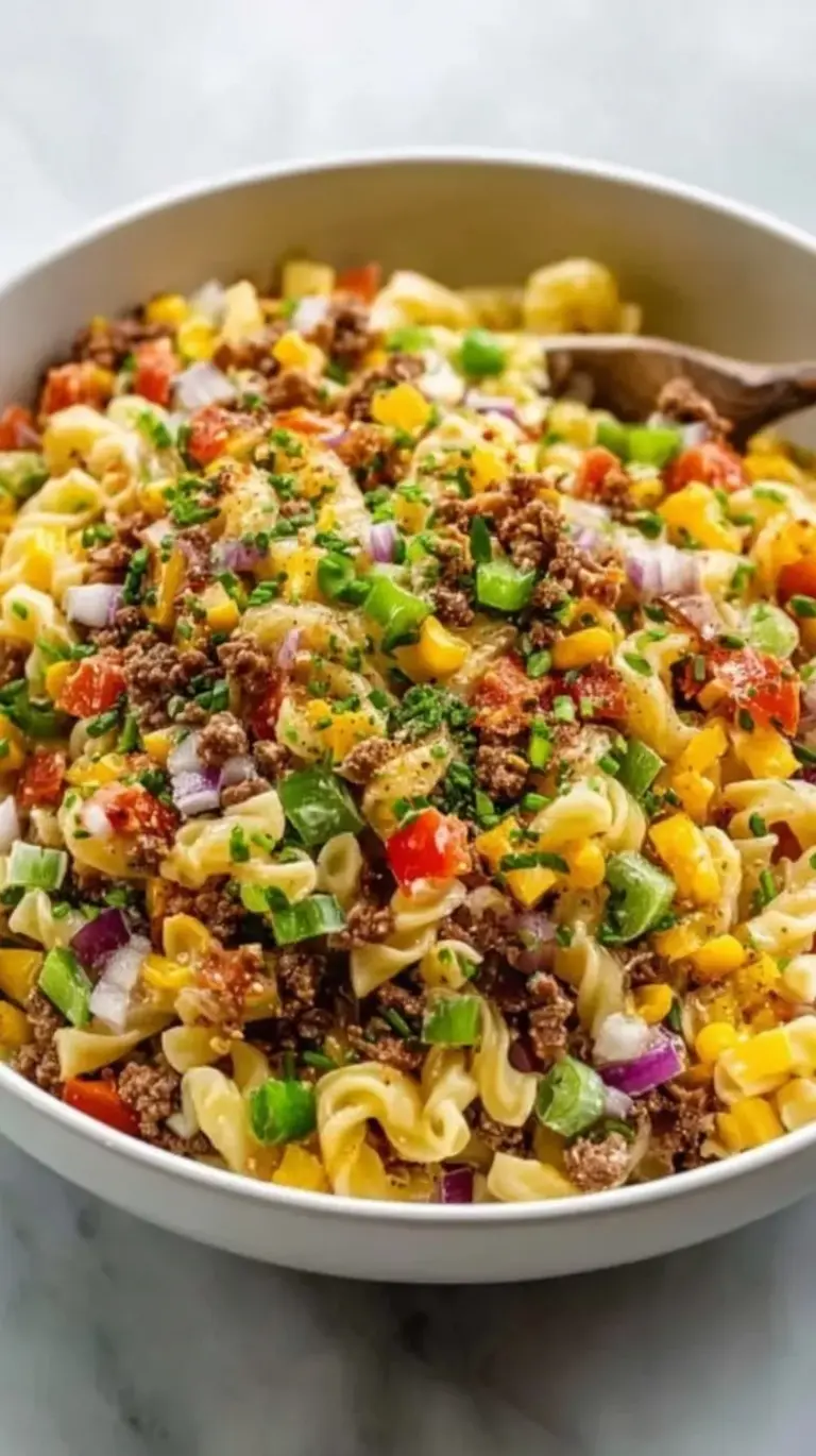 A large bowl of colorful cowboy pasta salad with beef, corn, beans, and creamy dressing.