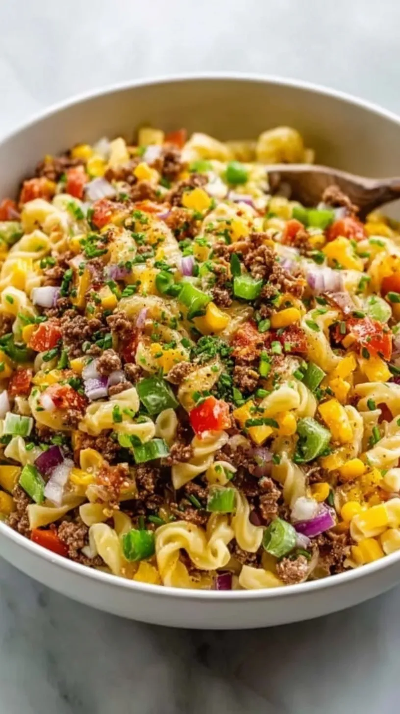 A large bowl of colorful cowboy pasta salad with beef, corn, beans, and creamy dressing.