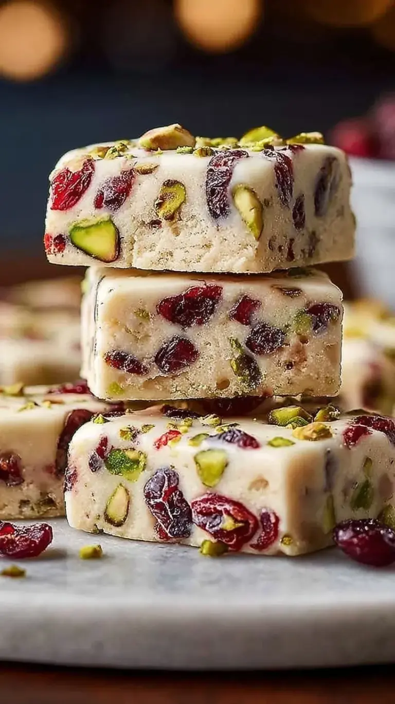 Sliced cranberry pistachio shortbread cookies on a wire cooling rack with festive decorations