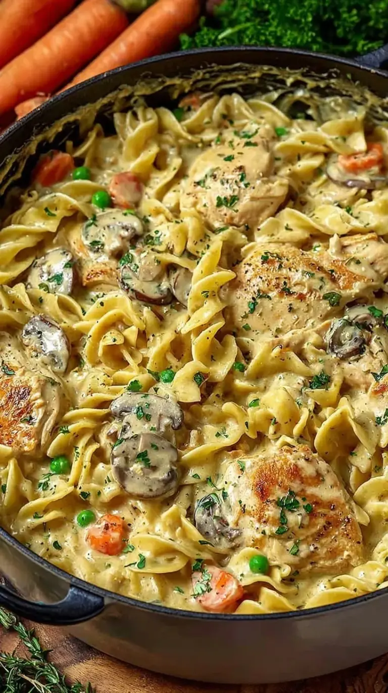 A close up shot of creamy chicken pot pie pasta with peas and carrots in a large pot.