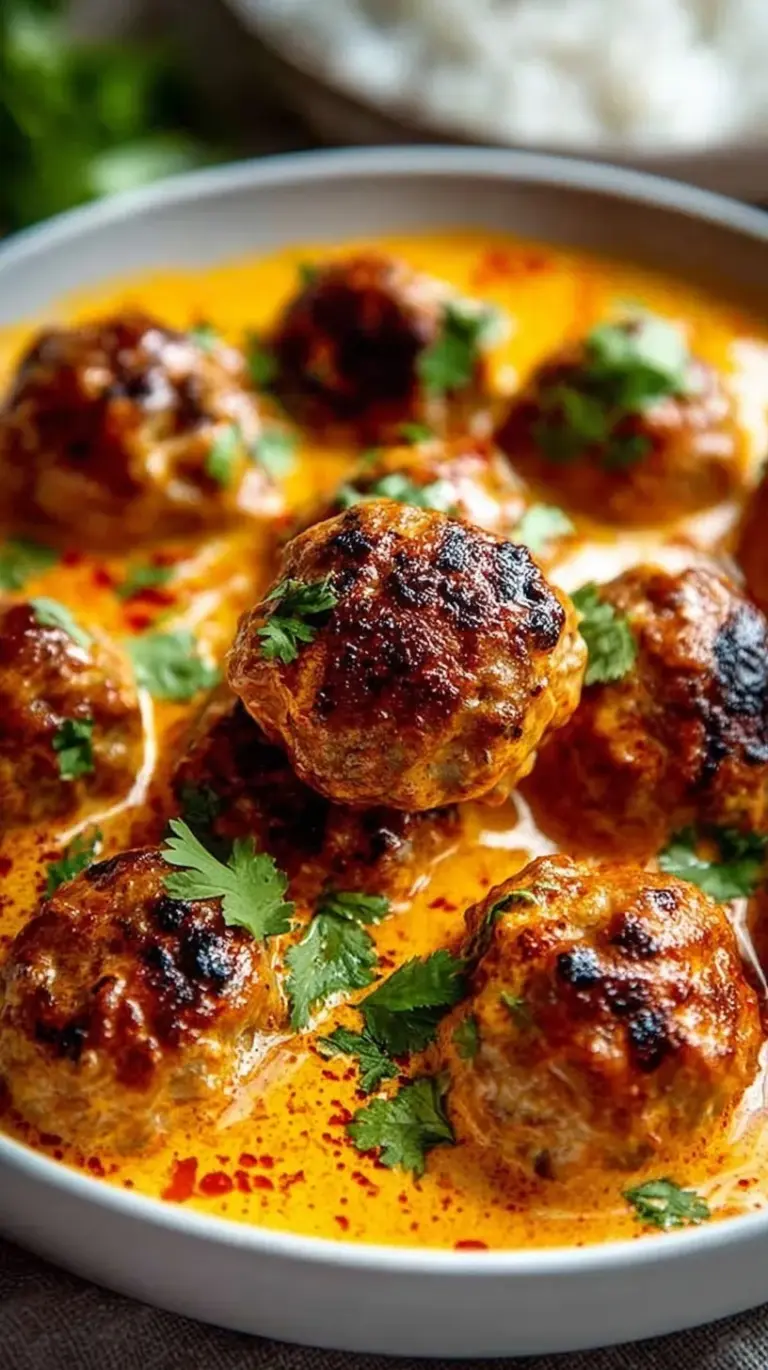 Golden brown meatballs simmering in a vibrant red coconut curry sauce with fresh cilantro