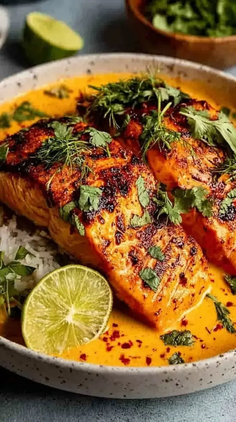 Pan-seared salmon fillets in a vibrant orange creamy harissa sauce with green spinach leaves.