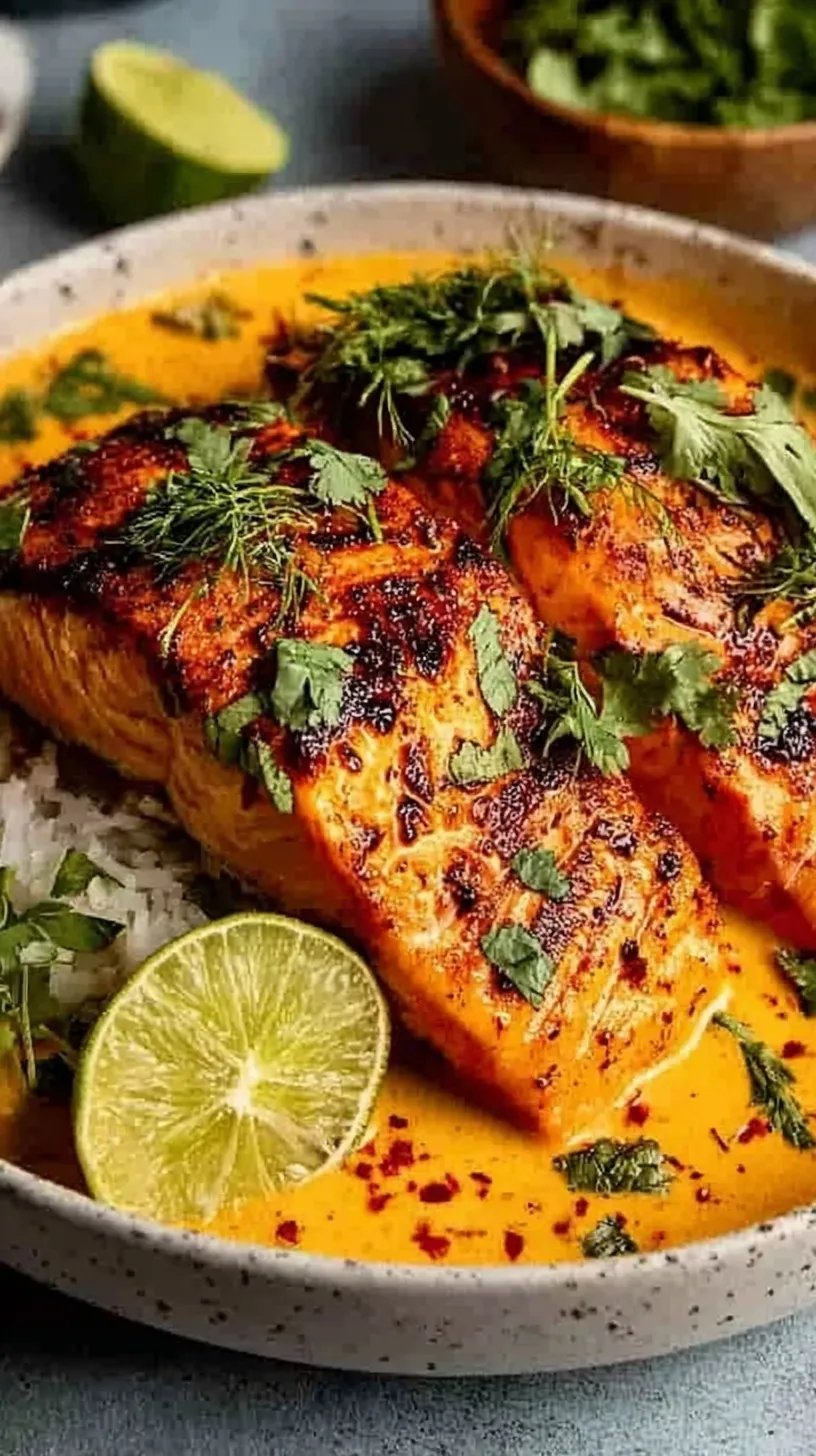 Pan-seared salmon fillets in a vibrant orange creamy harissa sauce with green spinach leaves.