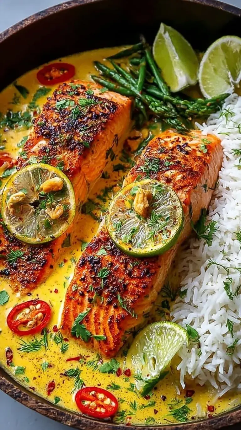 Seared salmon fillets in a rich red coconut curry sauce with spinach and cilantro in a black skillet.