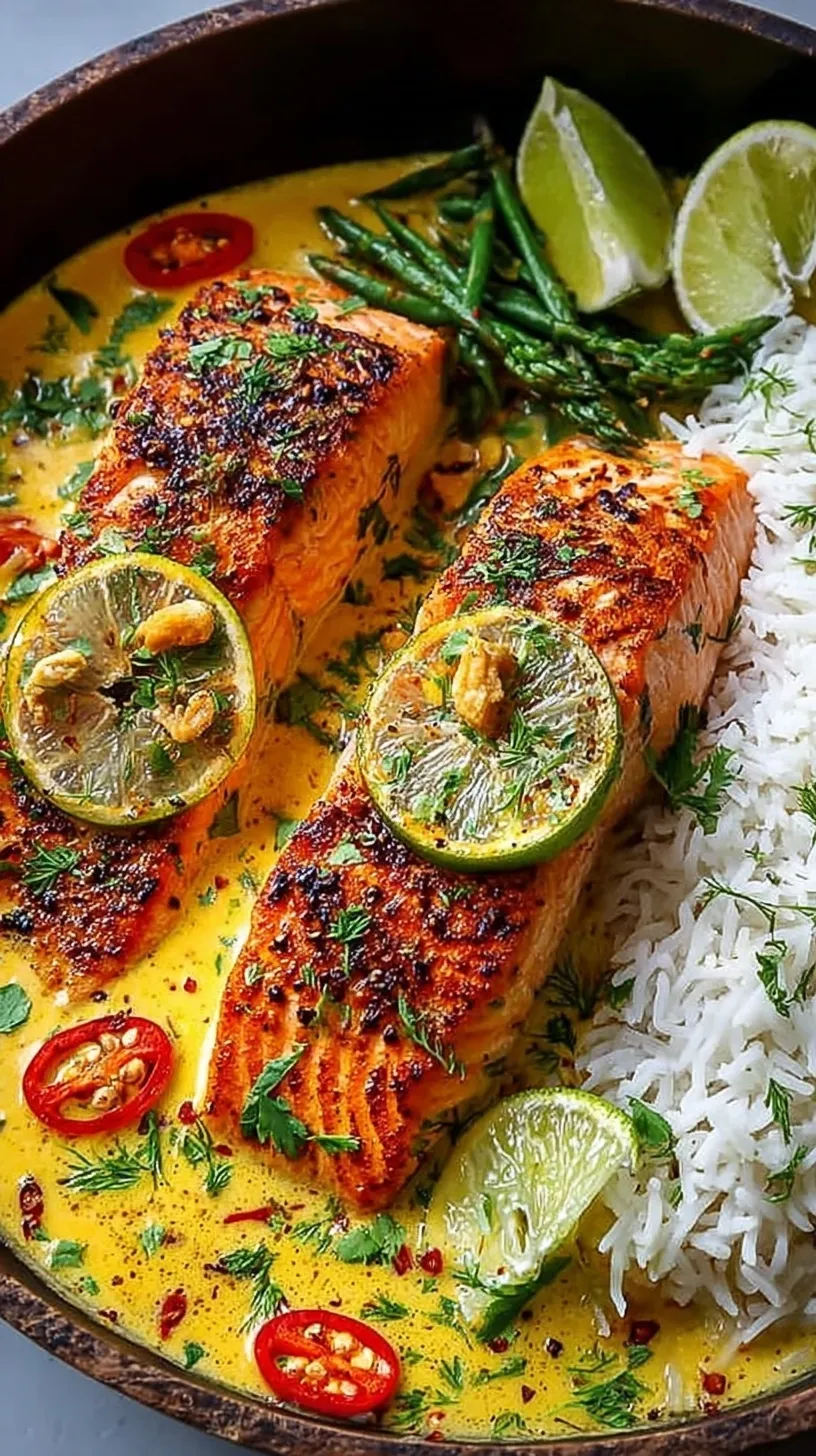Seared salmon fillets in a rich red coconut curry sauce with spinach and cilantro in a black skillet.