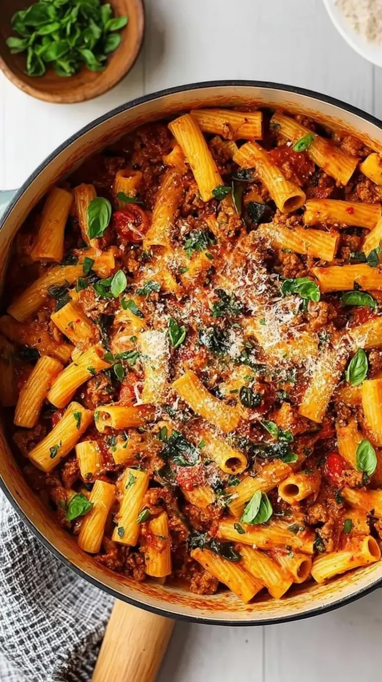 A large pot filled with creamy pasta, ground turkey, zucchini, and spinach in a light sauce.