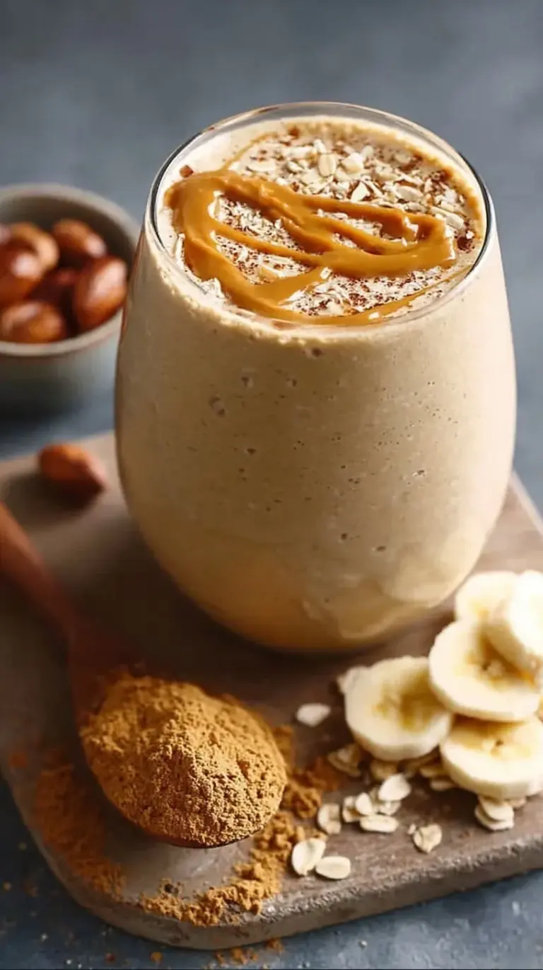 A tall glass of creamy peanut butter powder smoothie with a straw on a bright kitchen counter.