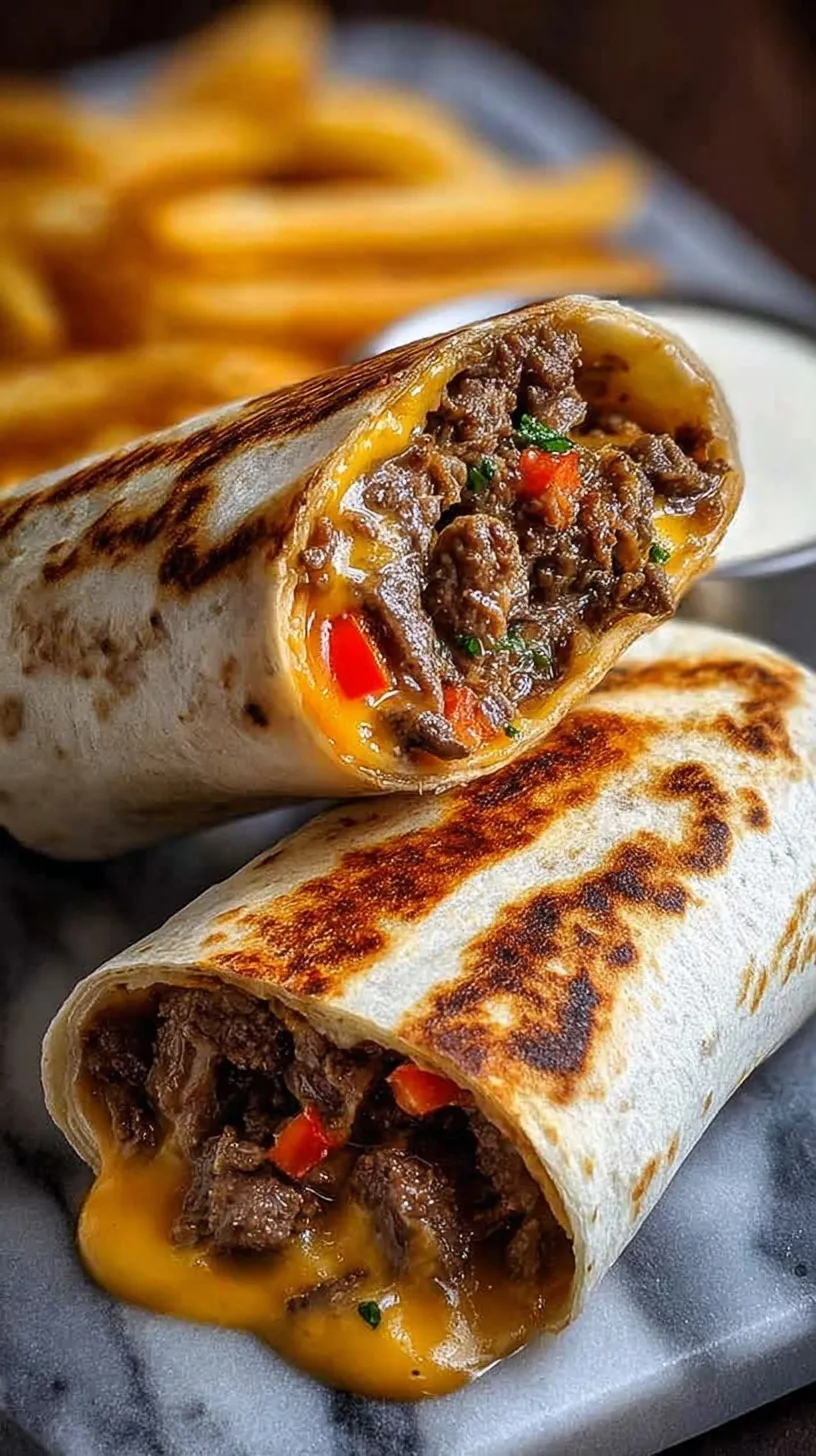 A toasted flour tortilla wrap filled with sliced ribeye steak, melted provolone, and sautéed peppers.