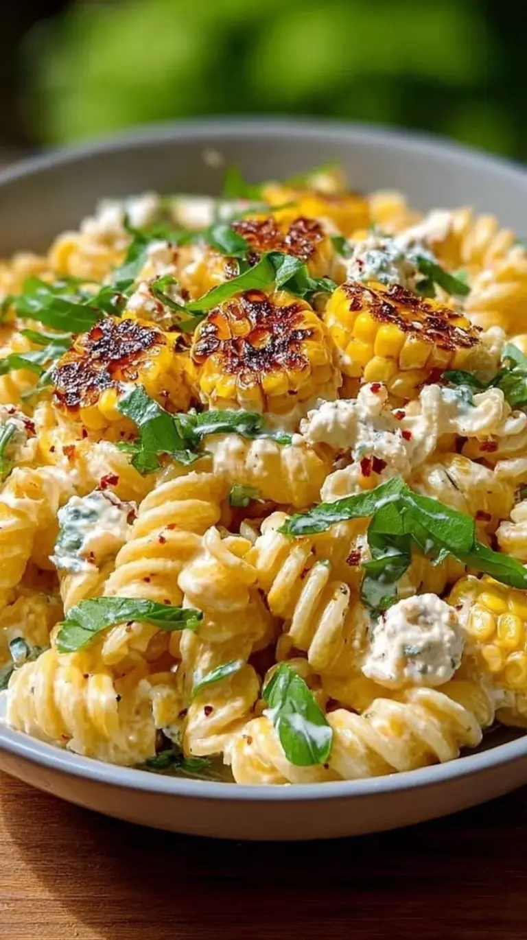 A vibrant bowl of Creamy Street Corn Pasta Salad with charred corn and fresh cilantro