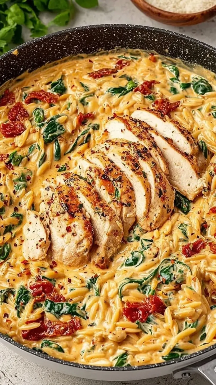 A skillet filled with creamy orzo, seared chicken cubes, sun-dried tomatoes, and fresh spinach