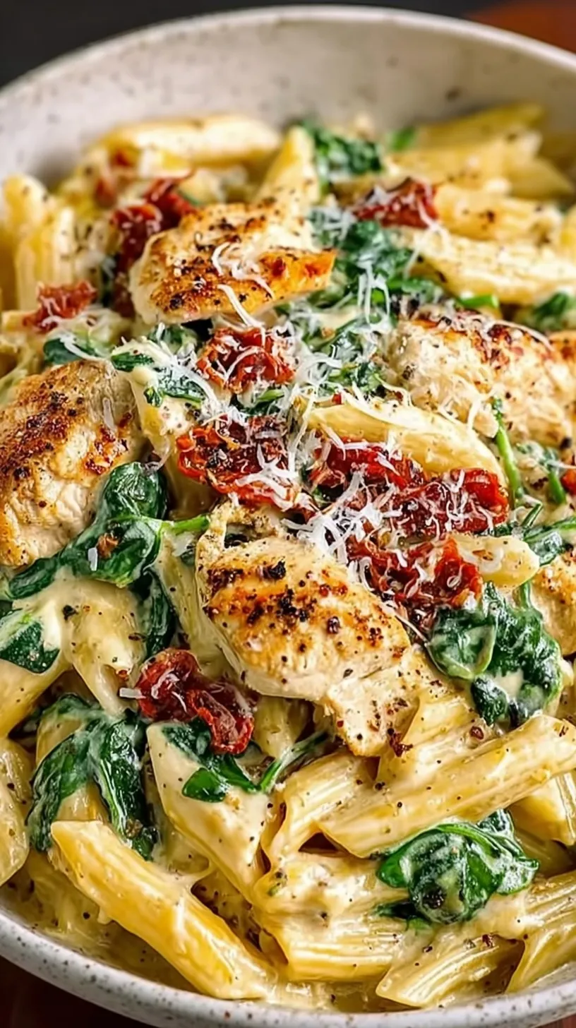 A skillet filled with Creamy Tuscan Chicken Pasta, featuring golden chicken strips, spinach, and sun-dried tomatoes.