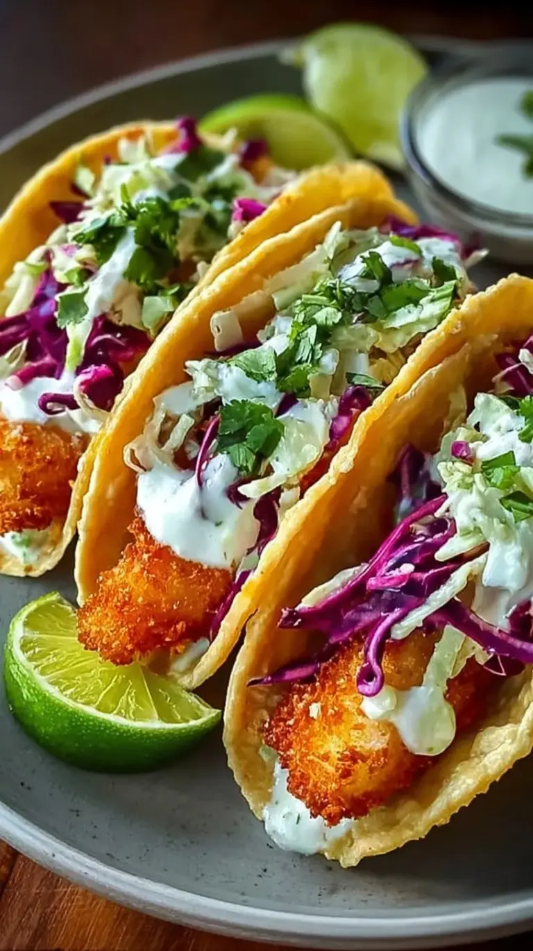 Platter of golden crispy fish tacos with white crema and green cabbage on corn tortillas.