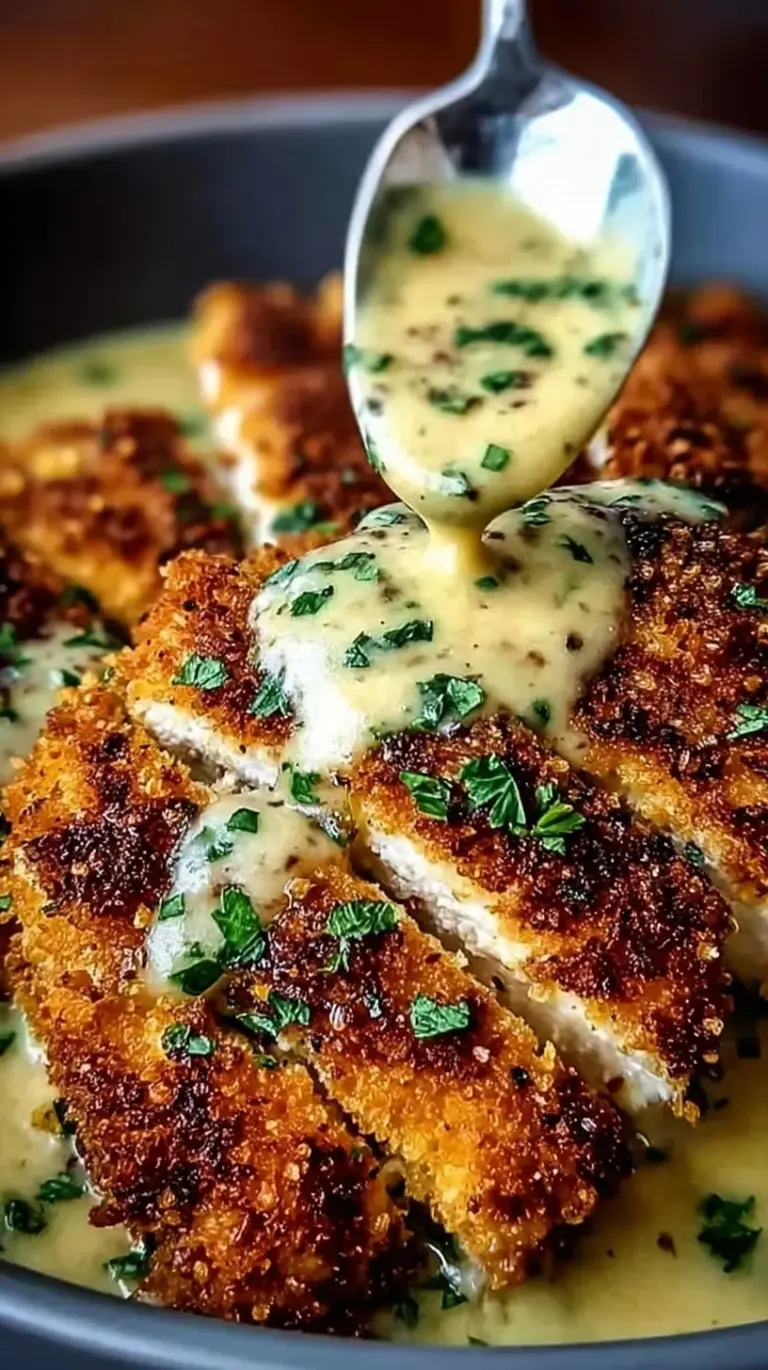 Golden brown crispy parmesan chicken cutlets drizzled with a creamy white garlic sauce and fresh parsley