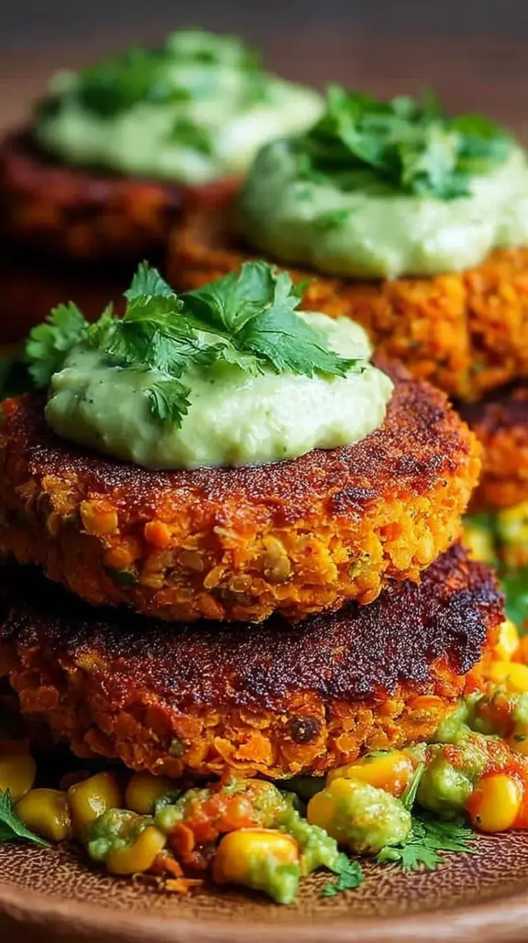 Golden brown sweet potato and red lentil patties topped with creamy green avocado sauce