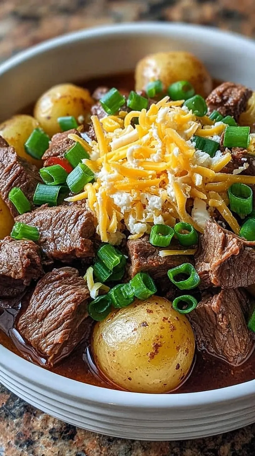 A slow cooker filled with tender cubed steak, potatoes, melted cheddar cheese, and crispy bacon bits.