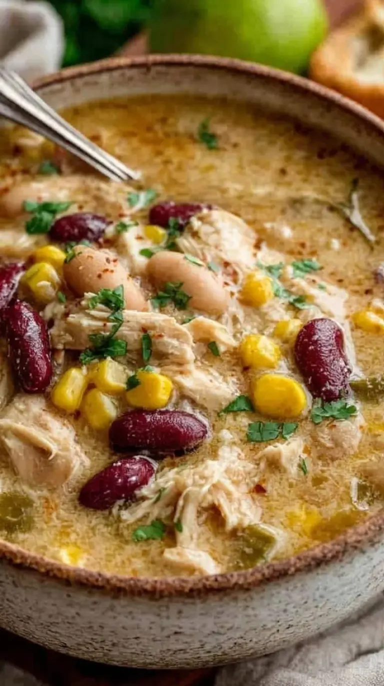 A white bowl filled with creamy white chicken chili topped with avocado and cilantro