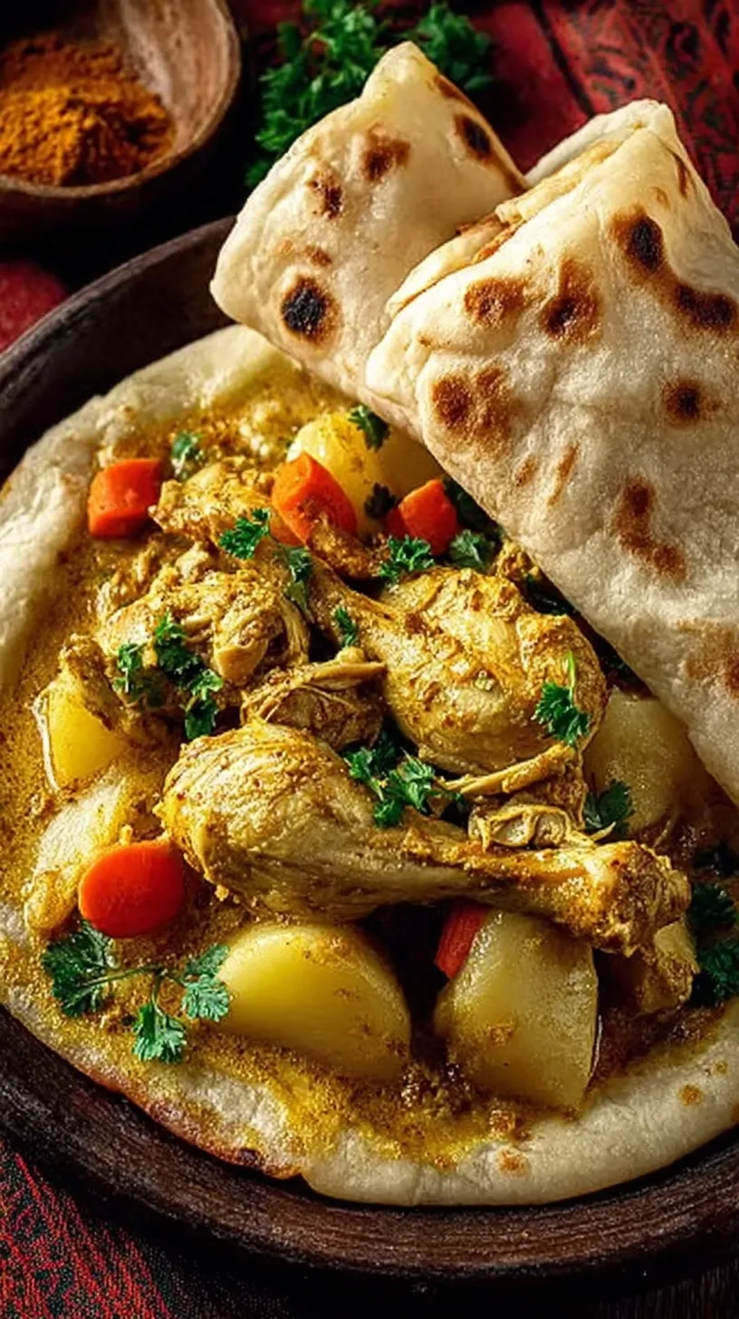 A delicious Curry Chicken Roti wrap served on a white plate with golden potatoes and tender chicken.