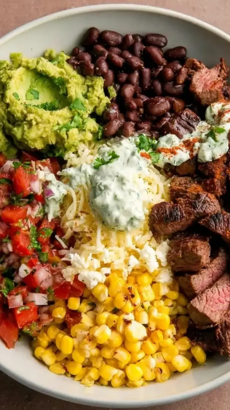 A vibrant DIY Chipotle Steak Bowl with seared steak, cilantro lime rice, beans, and fresh guacamole.