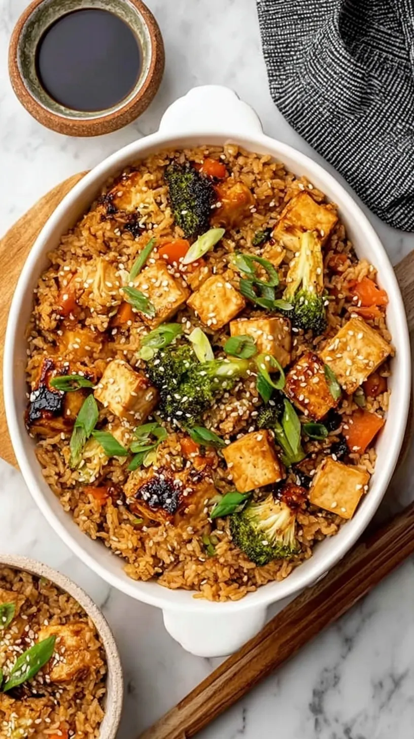 A 9x13 baking dish filled with fluffy rice, cubed tofu, and colorful peas and carrots in a savory teriyaki sauce.