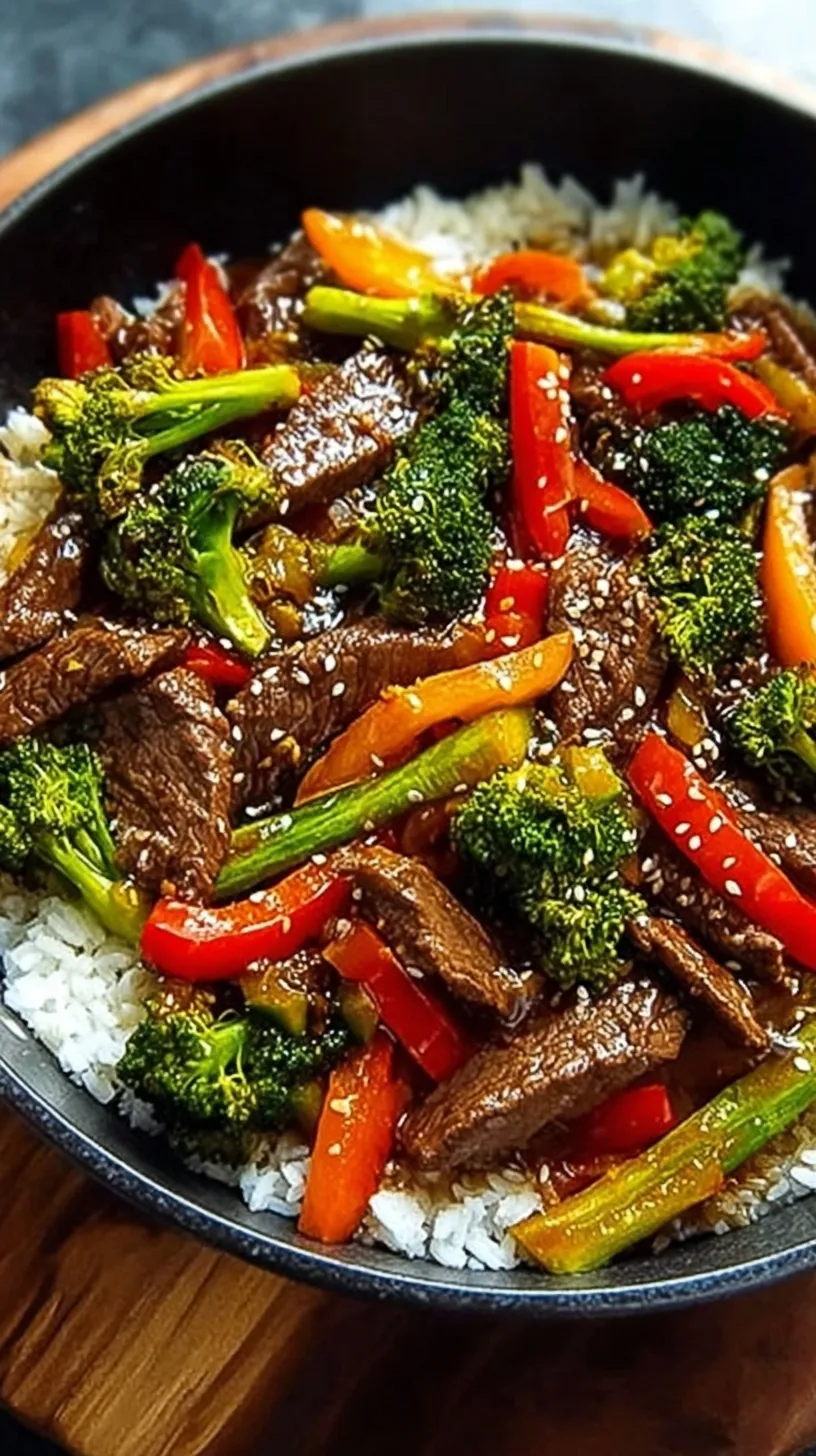 Sizzling beef stir fry with broccoli and red peppers in a dark skillet
