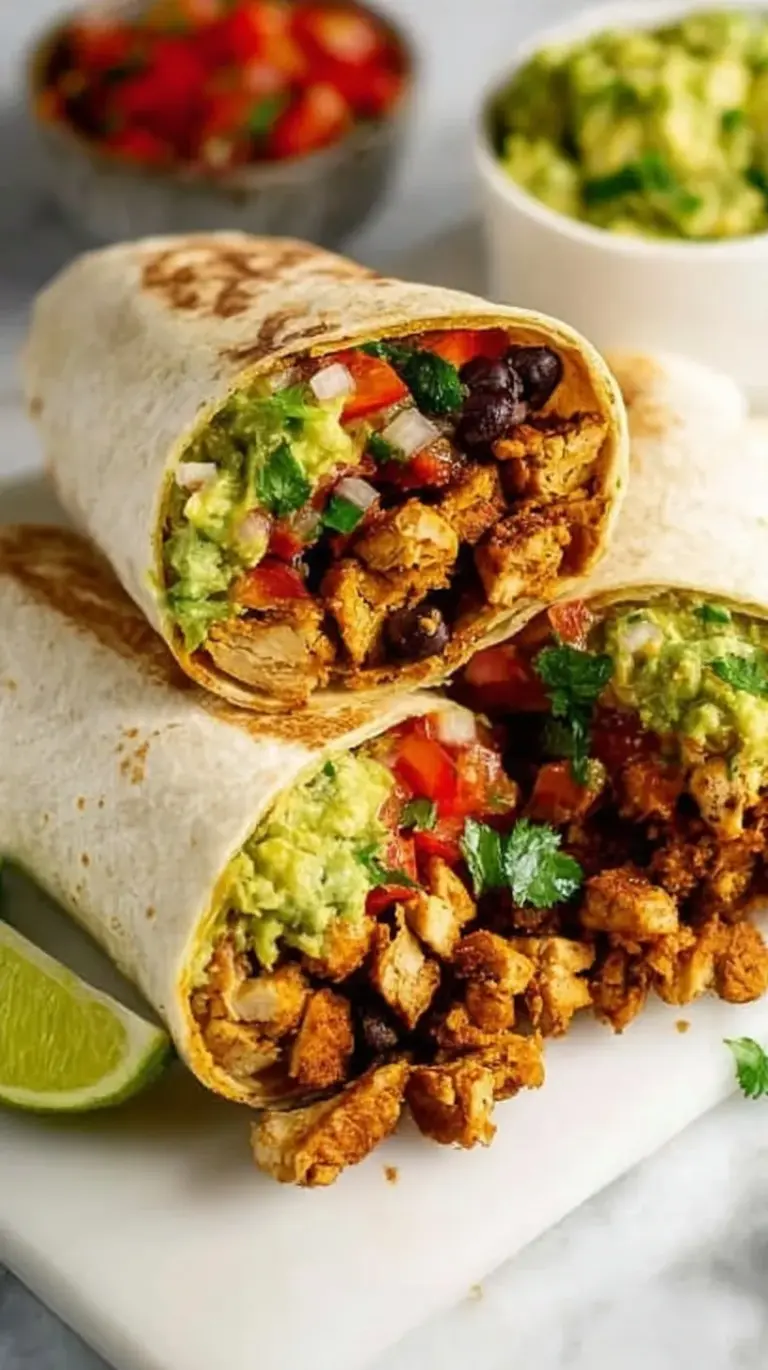 Golden brown toasted chicken burritos stacked on a plate with salsa and lime wedges