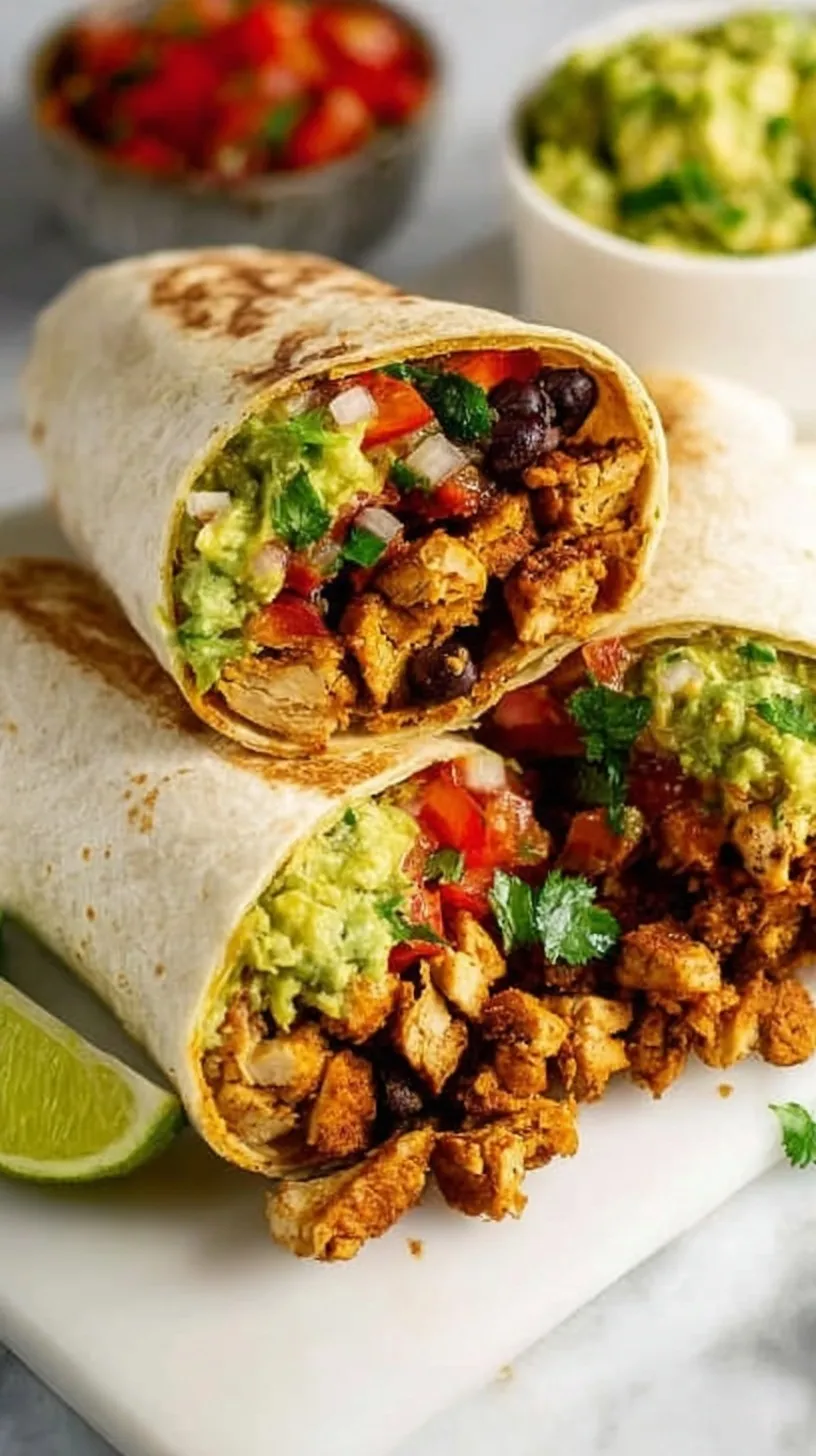 Golden brown toasted chicken burritos stacked on a plate with salsa and lime wedges