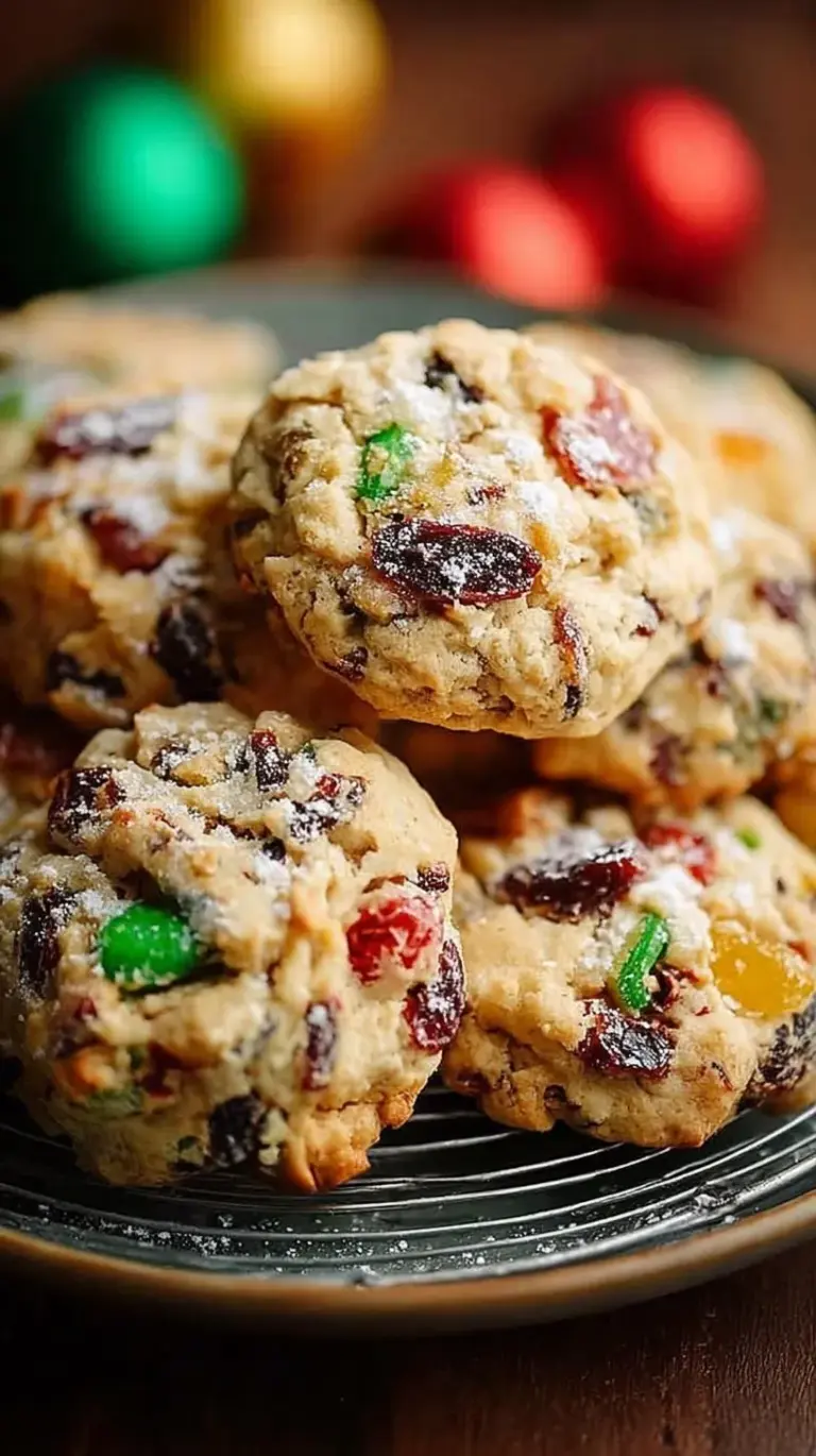 A tray of colorful Easy Christmas Fruitcake Cookies with candied cherries and pecans.