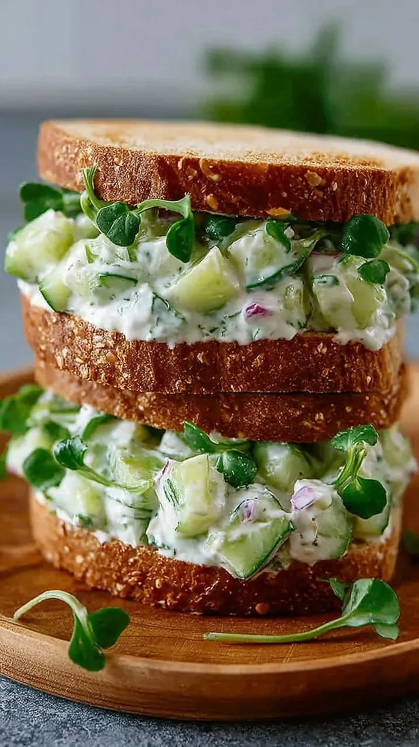 Platter of triangular cucumber salad sandwiches with fresh dill on white bread