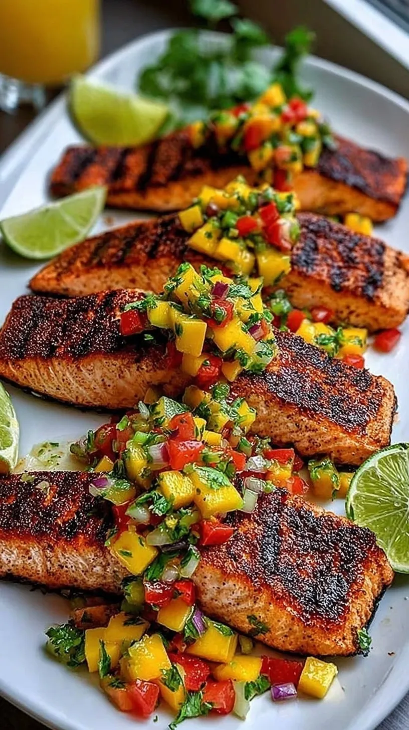 A vibrant plate of grilled salmon topped with colorful mango salsa, red peppers, and fresh cilantro.