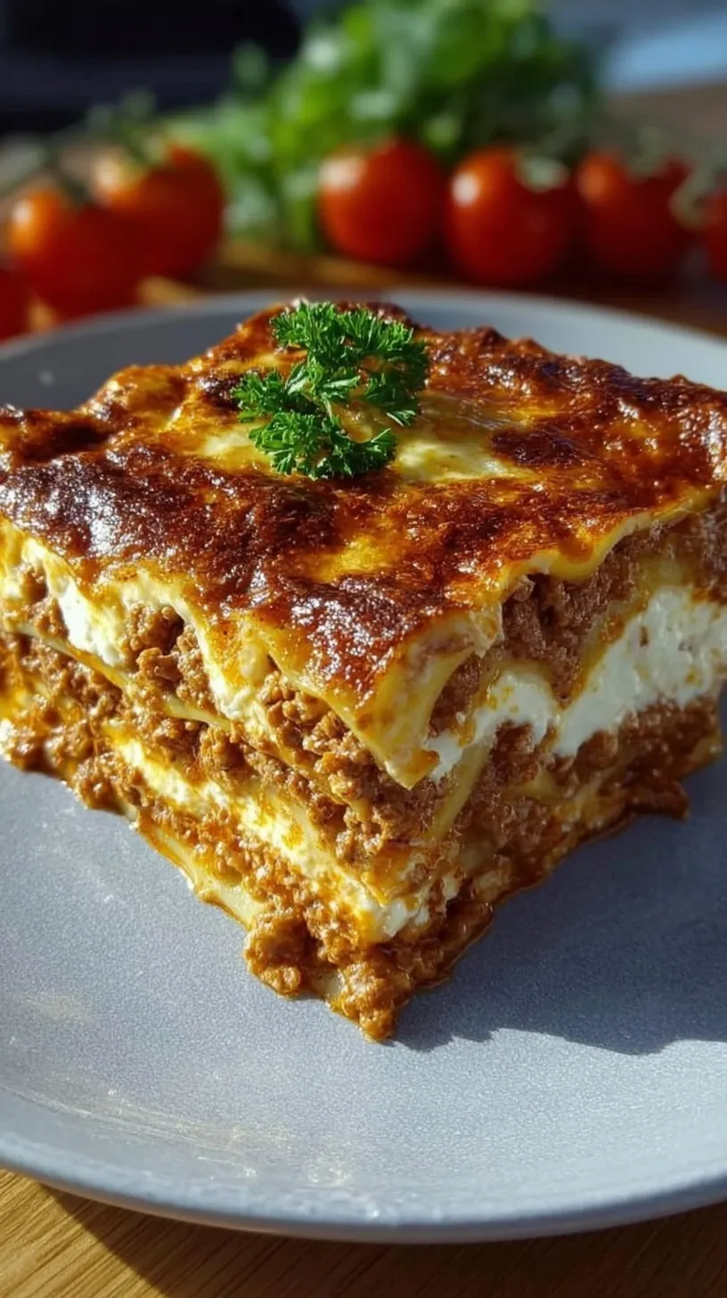 A golden, bubbly slice of lasagna with melted mozzarella cheese and savory meat sauce.