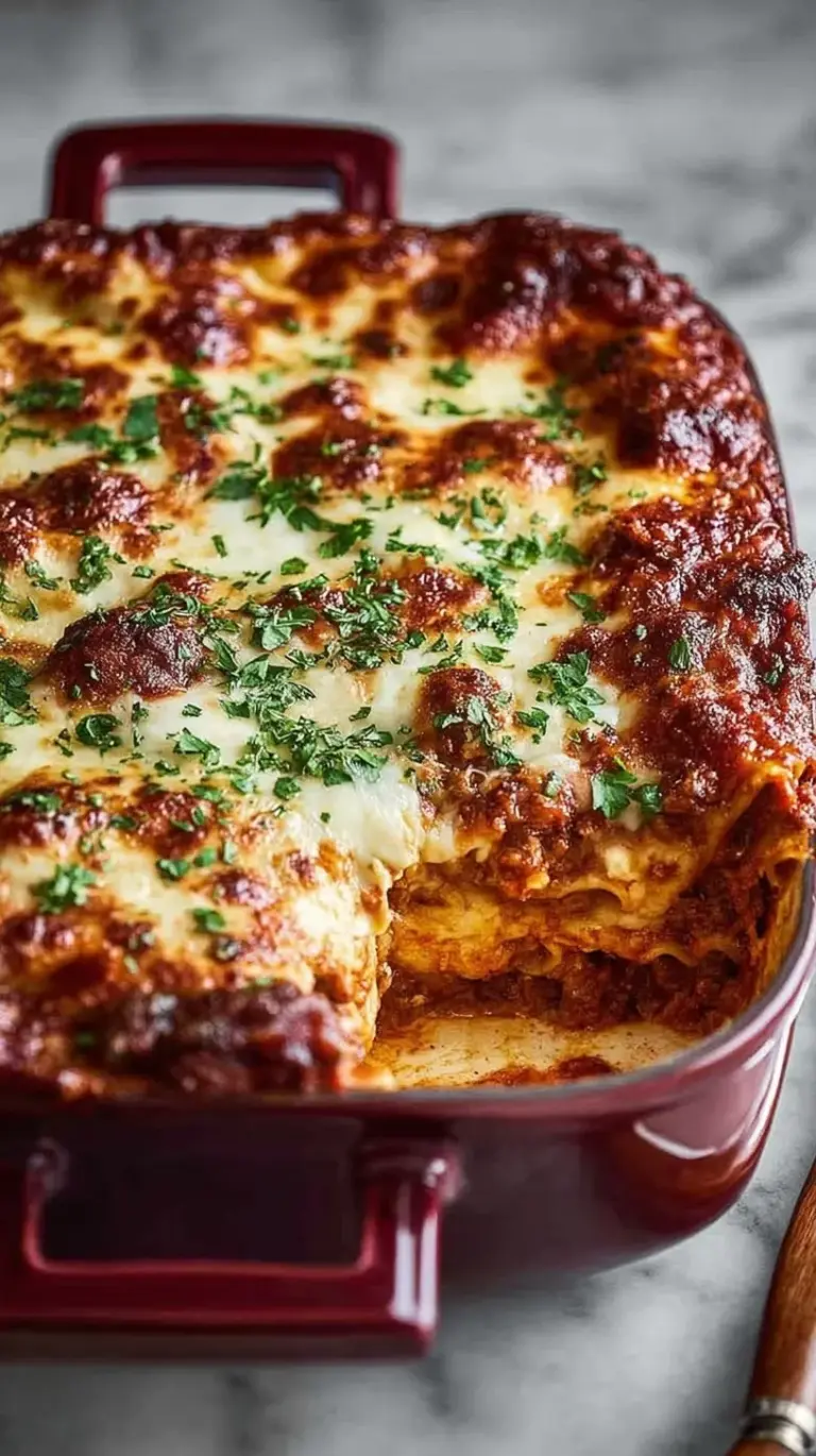 A golden, bubbly tray of easy lasagna with melted mozzarella and parmesan cheese on top.