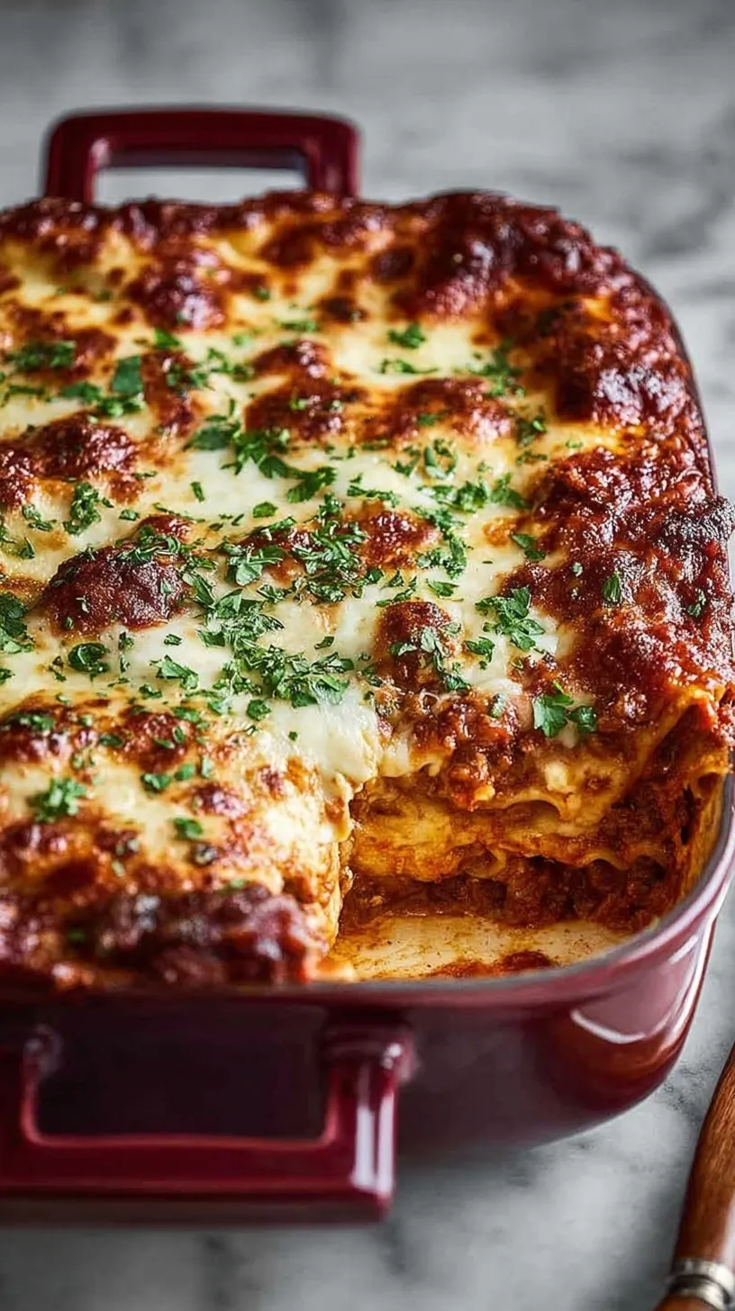 A golden, bubbly tray of easy lasagna with melted mozzarella and parmesan cheese on top.