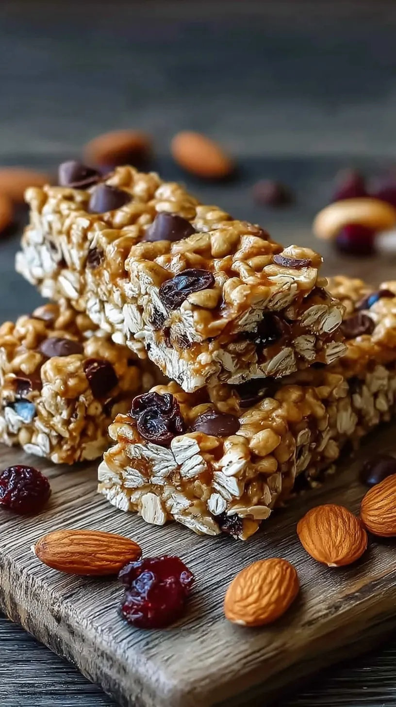 A stack of chewy no-bake protein granola bars with dark chocolate chips on a parchment paper background.