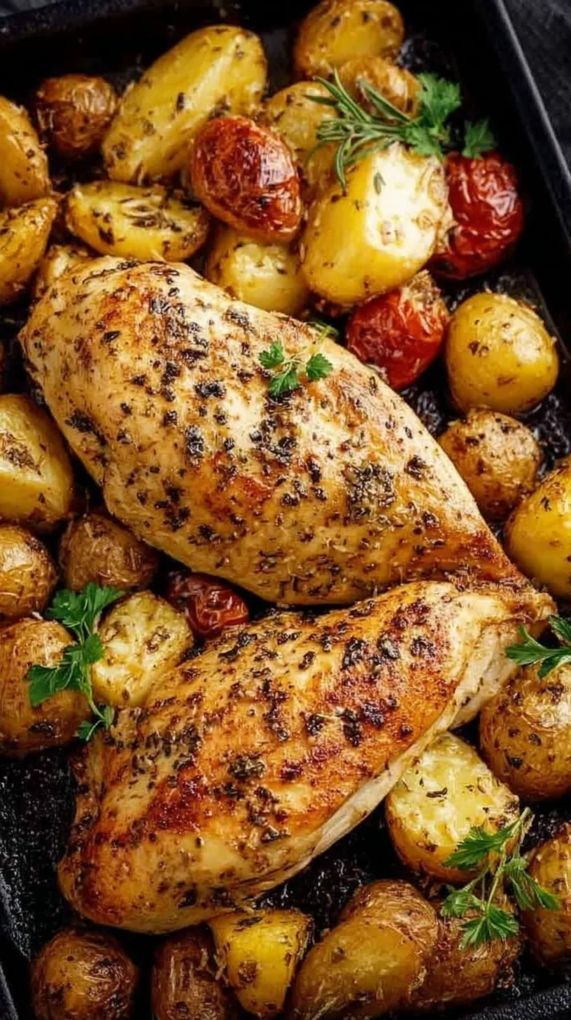 Golden roasted garlic parmesan chicken pieces and red potatoes on a sheet pan topped with fresh parsley