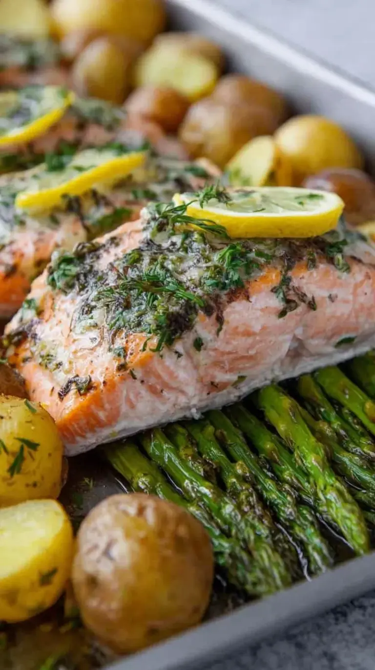 A colorful sheet pan featuring roasted salmon fillets, golden baby potatoes, green broccoli, and fresh spring asparagus topped with lemon slices.