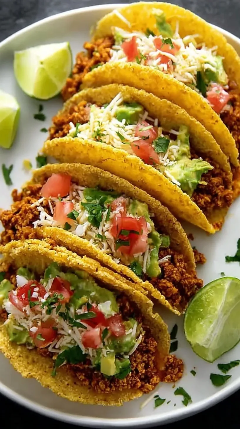 Golden and crispy shredded tofu taco meat served on corn tortillas with fresh cabbage and lime.