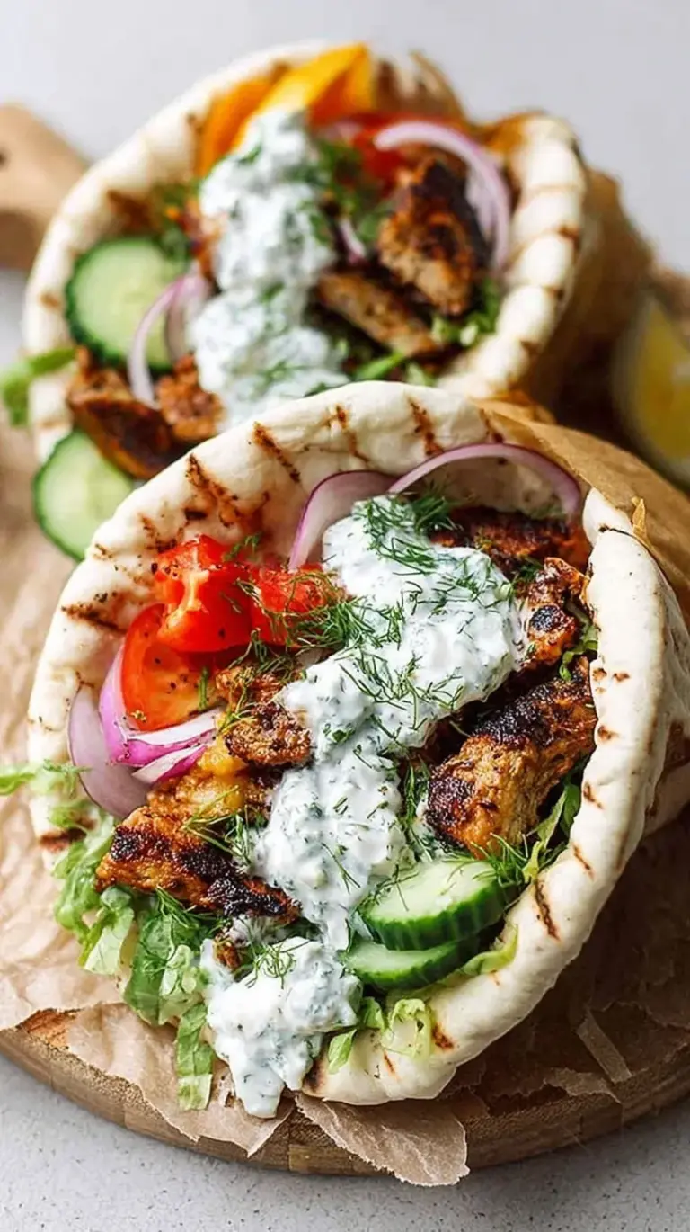 Golden seitan strips in a warm pita with creamy white sauce and red onions.