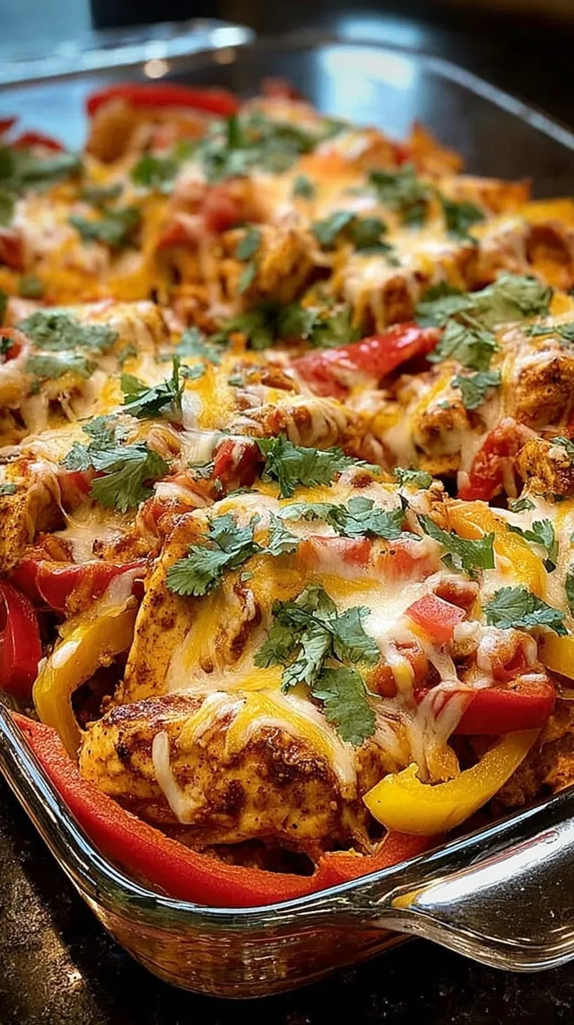 A colorful Fajita Chicken Casserole Bake in a 9x13 dish with melted cheese and cilantro.