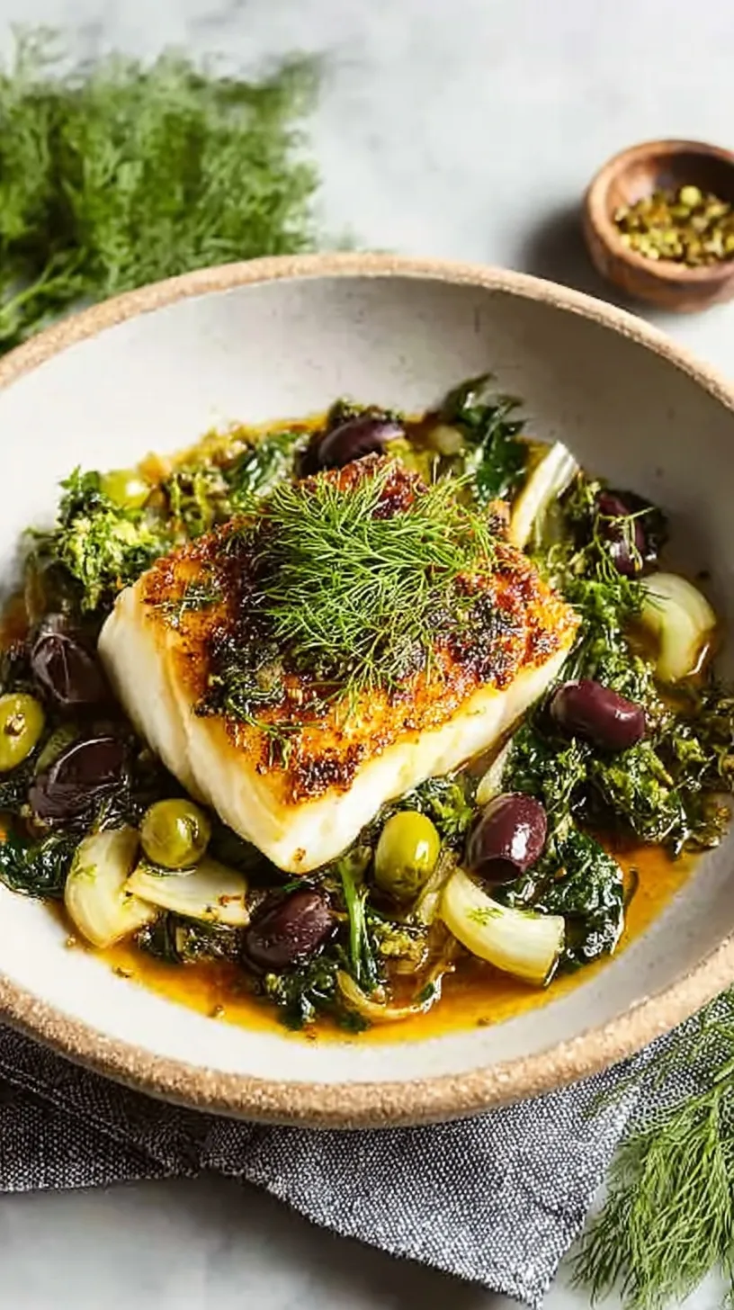 Golden seared white fish fillets served over a bed of sautéed shaved fennel and halved Kalamata olives.