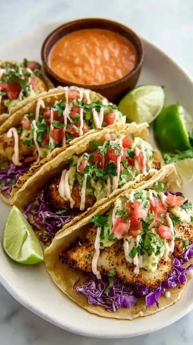 Golden pan-seared fish tacos topped with purple cabbage slaw and creamy green sauce on corn tortillas.