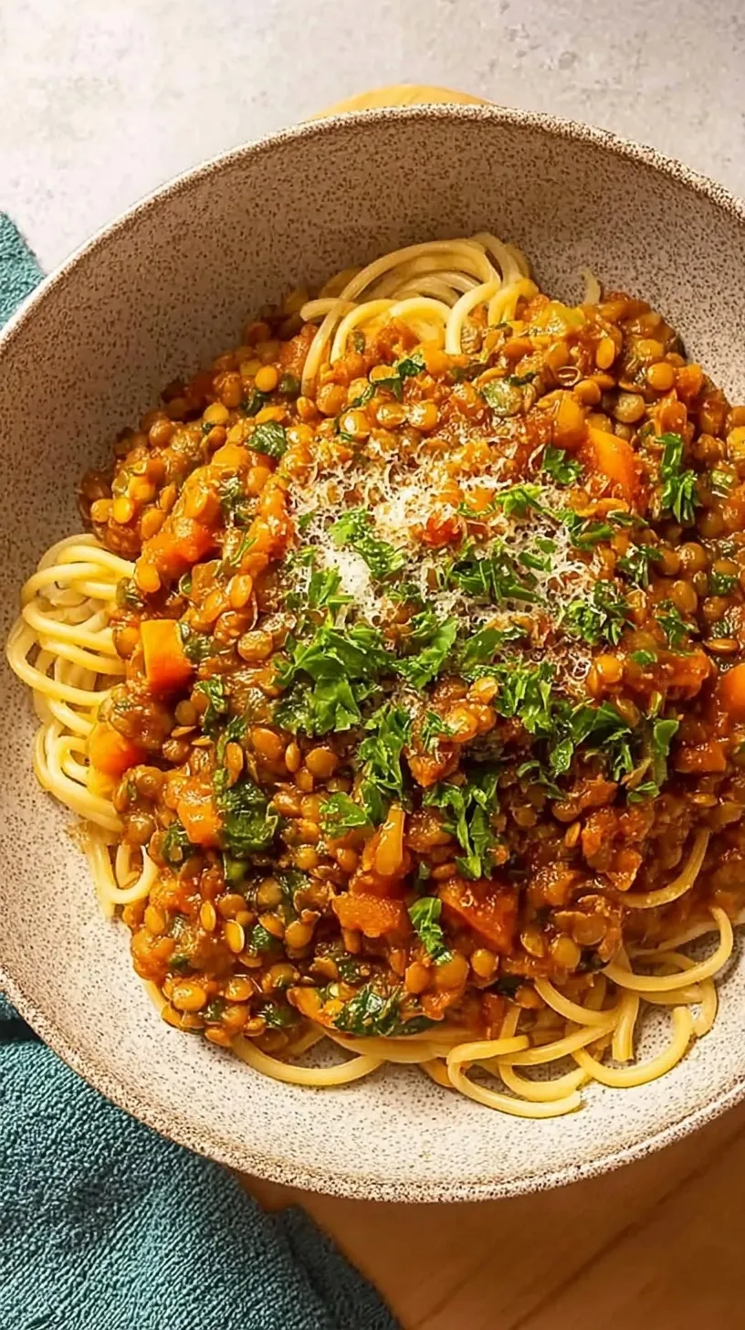 A bowl of hearty lentil bolognese topped with fresh basil over whole-wheat pasta.