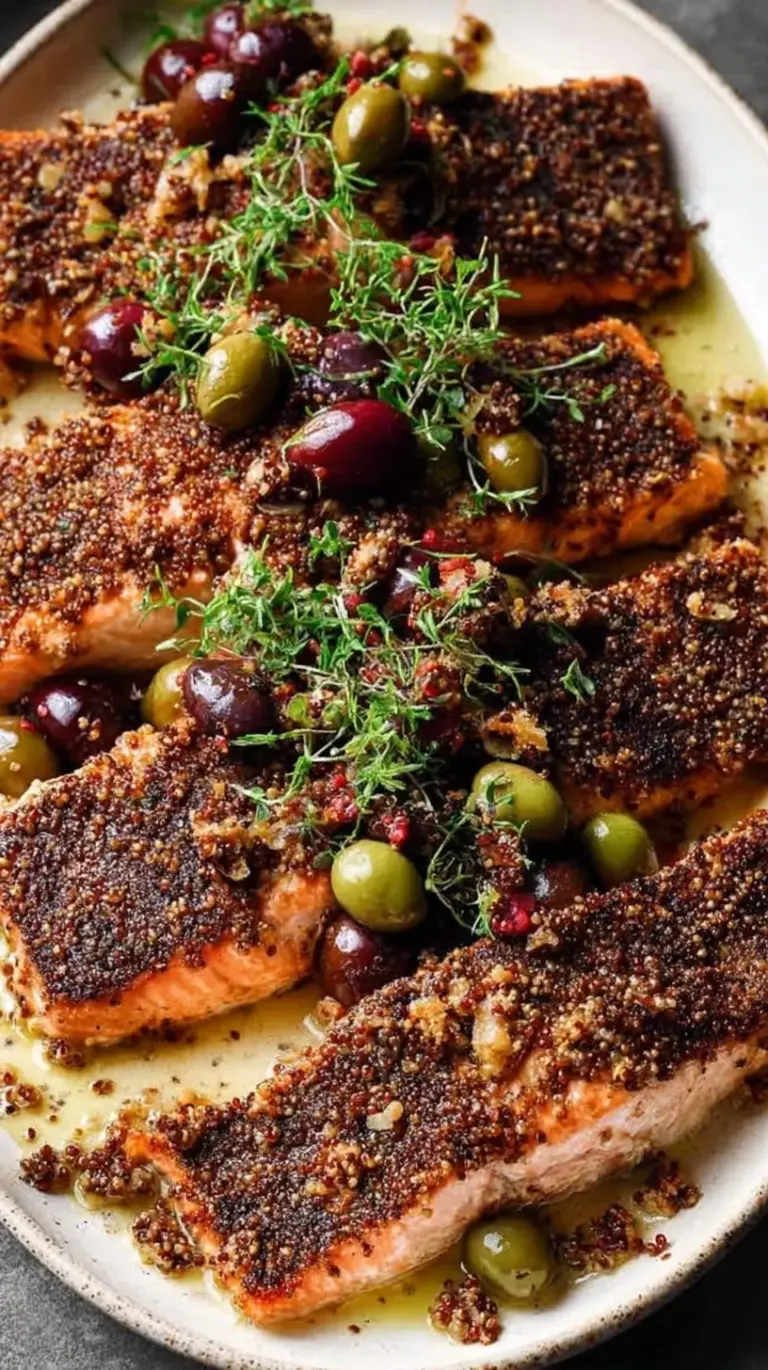 Golden flaxseed-crusted salmon fillets on a parchment-lined baking sheet with lemon slices.
