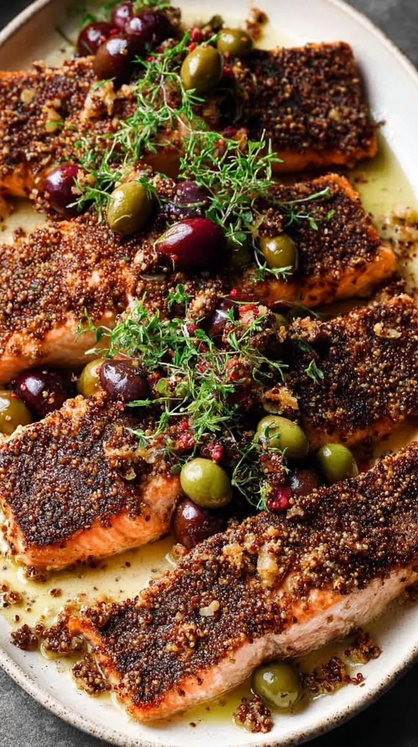 Golden flaxseed-crusted salmon fillets on a parchment-lined baking sheet with lemon slices.